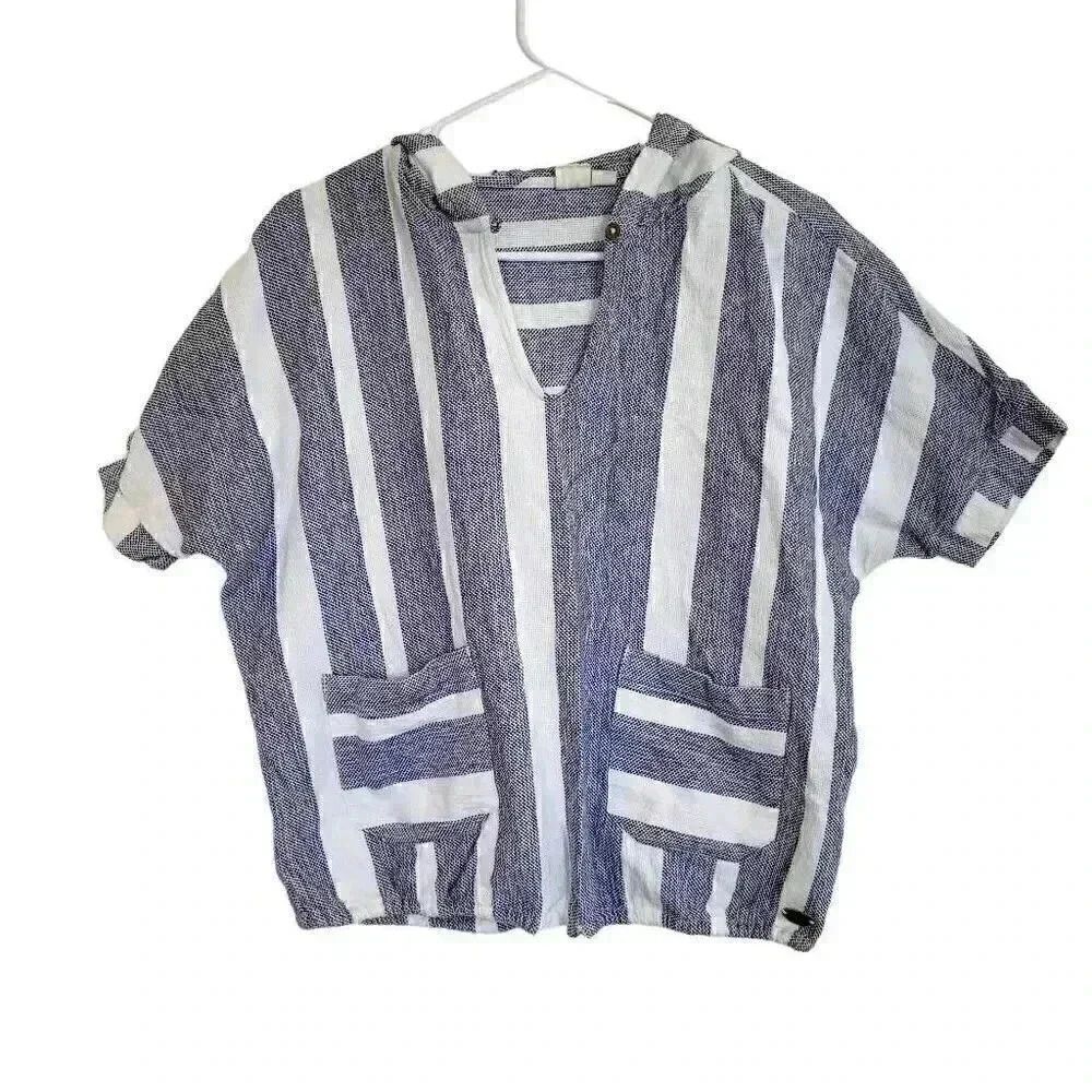 Roxy Women's White & Navy Cotton Large Striped Short Sleeve Hoodie